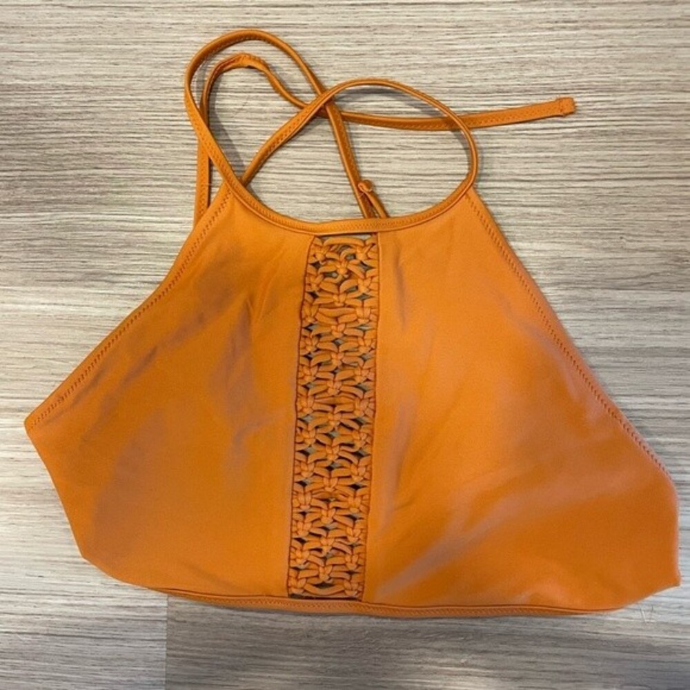 Aerie EUC Halter Neck Bikini Top Woven Tie Size M Burnt Orange Sporty Brown
